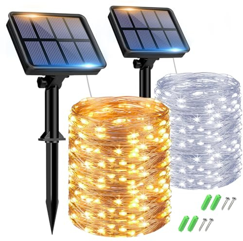 btfarm 2 Pack Solar String Lights Outdoor Garden, 15M/50FT 150 LED | Waterproof Copper Wire, 8 Modes Solar Powered Fairy Light for Patio Yard Party Christmas Decor, Warm+Cool White