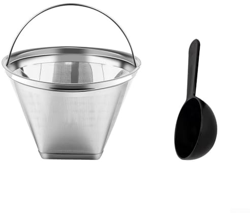 Filtre à café en acier inoxydable taille 4 réutilisable et lavable avec poignée et cuillère à mesurer pour cafetière de 6 à 10 tasses, filtre permanent en maille fine (swt)