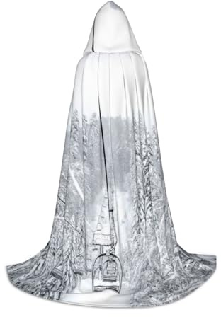 JEJEA Winter Old Cable Ski Lift Print Halloween Cosplay Christmas Party Outfits Hooded Wizard Robe Halloween Cloak Medieval Renaissance