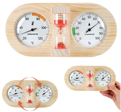 Sauna Thermometer, Sauna Climate Monitor, 3in1 Wooden Sauna Thermometer Hygrometer, with 15 Minute Timer for Sauna Temperature Humidity and Time Monitoring Suitable, Measure Humidity in a Room(Red)