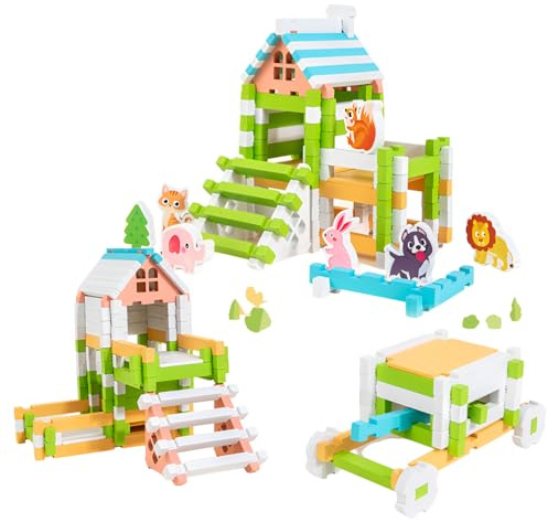 Ellniges]Holzbausteine ab 2 3 4 5 6 Jahren,Bauklötze aus Holz,Montessori Konstruktions Spielzeug,Holzspielzeug,Lernspielzeug,Stapelspielzeug Kreativ Set 122 Bausteinen