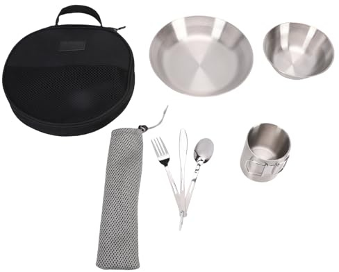 Leftwei Kit Désordre Camping Portable Acier Inoxydable, Ensemble Vaisselle Double Couche Tasse épaisse Bol Assiette Couteau Fourchette Cuillère Ustensile combiné avec Sac Rangement