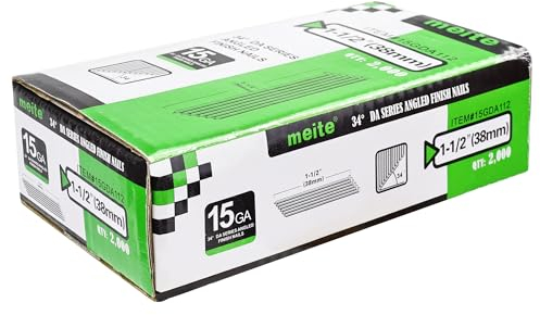 meite DA38 Type 15G / 38 mm Angled Finish Nails, 15 Gauge 34 Degree Galvanised Angled Finishing Nails for Nail Guns - Ideal for Woodworking, Upholstery, and Framing Projects (2,000 Counts)