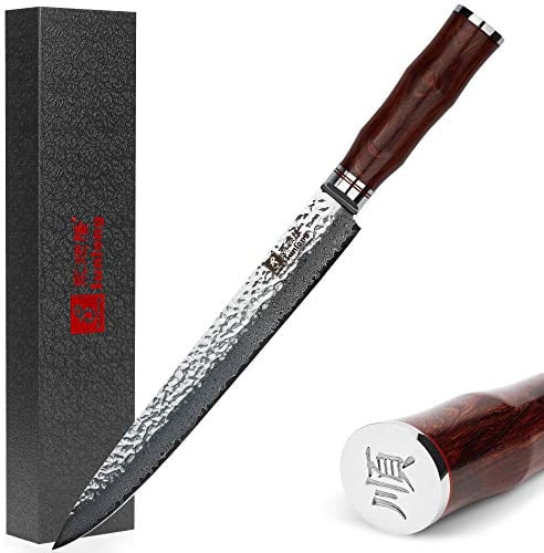 Sunlong Carving Knives 10 inch Pro Slicer Knives Slicing Knife - Japanese Hammered Damascus Steel - Natural Rose Wooden Handle
