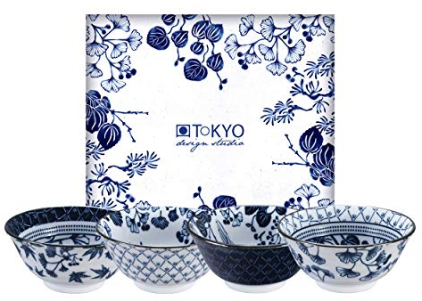 TOKYO design studio Flora Japonica Set de 4 Bols Bleu-Blanc, Ø 14,8 cm, Hauteur 7 cm, env. 500 ML, Porcelaine Japonaise, décor Floral Japonais, boîte Cadeau Incluse