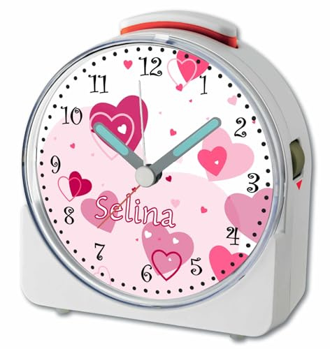 CreaDesign, WU-71-1123-02, Herz Rosa, analog Kinderwecker weiß, Funkwecker mit Sweep-Uhrwerk und fluoreszierenden Zeiger und Licht, personlisiert mit Namen, 10,2 x 4,6 x 11 cm