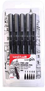 uni-PIN Fineliner-Stift-Set, 5 Stück schwarze Tinte, verschiedene Federstärken 0,6 mm, 0,7 mm, 0,9 mm, 1,0 mm, 1,2 mm