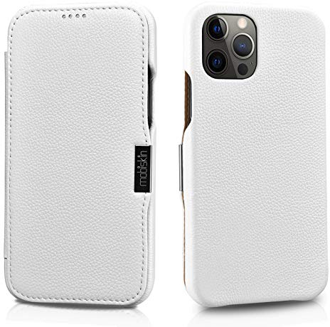 Mobiskin Hülle kompatibel mit Apple iPhone 12 und iPhone 12 PRO (6,1 Zoll), Handyhülle mit echtem Leder, Case, Schutzhülle, dünne Handy-Tasche, Slim Cover, Weiß