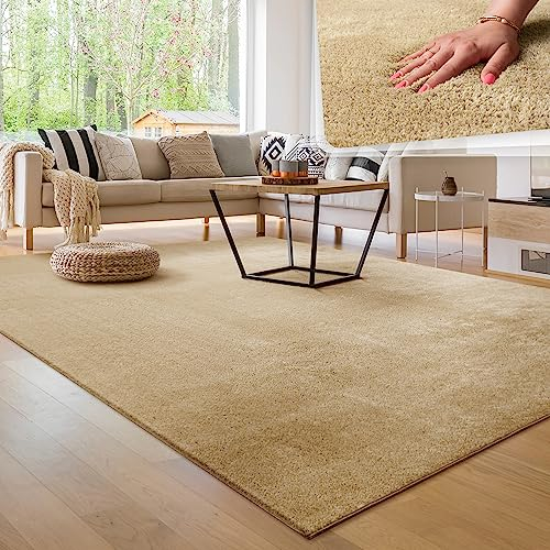 Paco Home Modern Cosy Living Room Rug Short Pile Washable Fluffy Soft Unicolor Fur Look Easy to Clean Non Slip, Size:240x340 cm, Colour:Beige