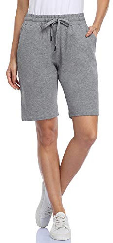 MOVE BEYOND Women's 10'' Inseam Bermuda Shorts 3 Pockets Athletic Yoga Gym Sweat Shorts with Drawstring Lounge Sleep Shorts, Grey, XL
