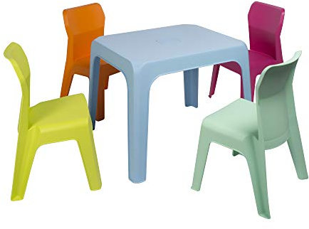 RESOL Set Jan Mesa Infantil con Sillas | 4 Sillas Niños y Mesa de Plástico | Apilables y de Muy Fácil Limpieza y Mantenimiento | Mesa Azul + 4 Sillas Fucsia/Menta Aquamint/Naranja/Lima