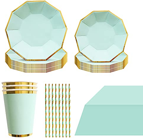 Amycute Vaisselle Vert Menthe Anniversaire Mariage - Assiette Carton Hexagonales Gobelet Paille Nappe pour Décoration Fête Baby Shower Douche Nuptiale Garcon Fille Noël