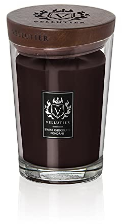 Vellutier Duftkerze Swiss Chocolate Fondant, Kerze im Glas, Spezialrezeptur aus Samtigen Wachs, Verpackt in Hochwertigem Glas mit einem Holzdeckel, Kakao- und Erdnüsse-Aroma, 16 x 11 cm, Groß, 515g