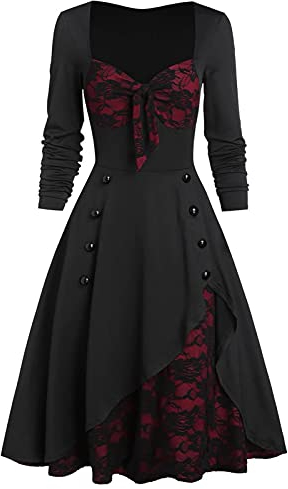 Graceyo Damen Mittelalter Kleid Gothic Kleider, Steampunk Kleid Gitter A-Line Partykleider Lace Up Karneval Party Halloween Kostüm Cosplay Kostume Festkleid Vintage Retro Langarmkleid Damenkleid