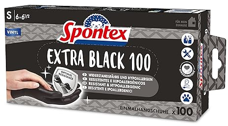 Spontex Extra Black Einmalhandschuhe aus Vinyl, ungepudert und latexfrei, vielseitig einsetzbar, in praktischer Spenderbox, Größe S, 100er Pack, schwarz