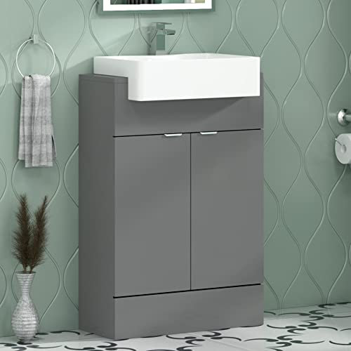 Royal Bathrooms Elena 600mm 2 Door Floor Standing Vanity Unit Storage Cabinet with Semi Recessed Basin - Indigo Grey Gloss