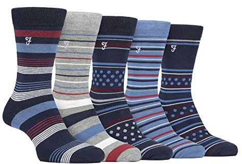 Farah - Mens 5 Pack Natural Organic Bamboo Bright Striped Patterned Socks (6-11, Blue/Navy)