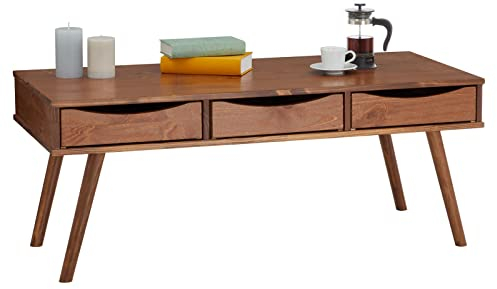 IDIMEX Couchtisch Julie, schöner Wohnzimmertisch mit 3 Schubladen, reizender Beistelltisch im skandinavischen Design, praktischer Sofatisch aus massiver Kiefer in Kastanie