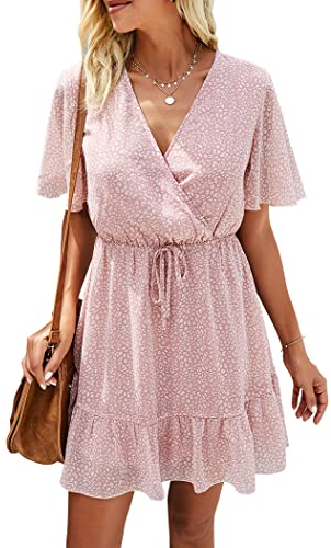 Awemeal Sommerkleid Damen Kurz Drucken Boho Kleider Strandkleid Kurzarm V-Ausschnitt Chiffon Kleid Rüsche Minikleid mit Gürtel (S, Rosa)