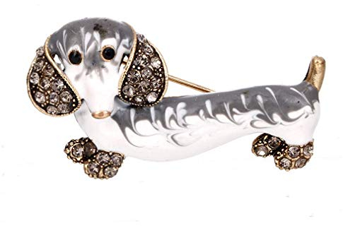 Broche en forme de teckel pour femme - En émail avec strass - Blanc - Taille M - Autres pierres précieuses, Medium, Gemme, Autres pierres précieuses