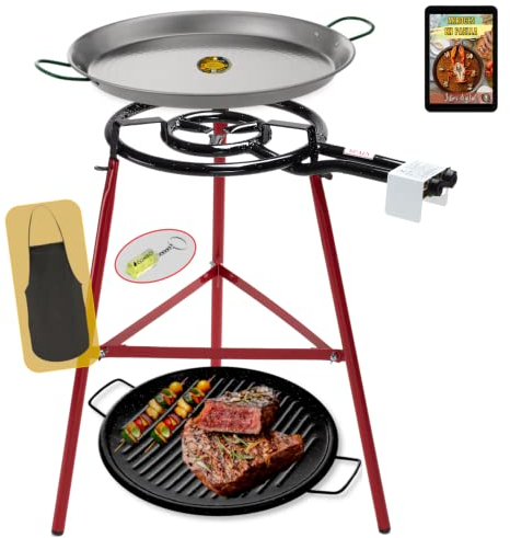 COMBOI Kit Paellero-Quemador de gas butano 40 cm de 2 fuegos, paellera de 46 cm + asador grill 46 cm, Soporte Patas reforzadas, nivel, delantal, libro de recetas digital.