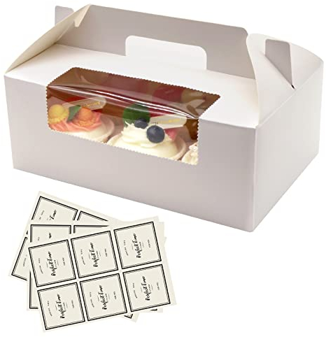 PHULWEL 15 Pack Cupcake Boxen, Weiße Cupcake Träger Muffin Boxen Karton, Bäckerei Boxen mit Einsätzen, Griff und PVC-Fenster Passt 6 Hohlraum Cupcake Gebäck, 3 Blatt Klebeetiketten