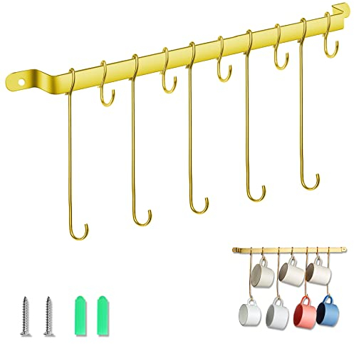Coffee Mug Holder, Evanda Gold Titanium Plating Mug Holder Wall Rack, for Kitchen Dining Room, Wall Mounted Kitchen Rail with 5 Long Hooks and 5 Short Hooks.
