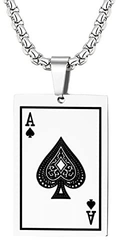 Oidea Thicken Stainless Steel Ace of Spades Pendant Necklace for Mens Punk Rock Poker Card Necklace, Wheat Chain 22 inches, Upgraded Version - Silver