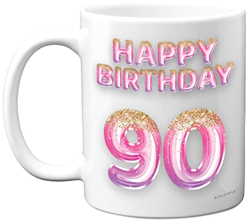 90th Birthday Gift for Women - Pink Purple Glitter Balloons - Happy Birthday Mug Present for 90 Year Old Mum Nanny Auntie Cousin Grandma, 11oz Ceramic Dishwasher Safe Coffee Mugs Cup