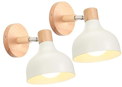 iDEGU 2 Stücke Wandlampen Retro E27 Wandleuchte Moderne aus Holz Metall im Skandinavischen Stil Lampenschirm Tropfenförmig Verstellbare Wandspot Vintage Lampe für Schlafzimmer Wohnzimmer (Mattes Weiß)