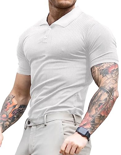 Lehmanlin Men's Muscle Polo Shirts Short Sleeve Casual T- Shirts Slim Fit Stretch Ribbed Golf Tops（White/L）