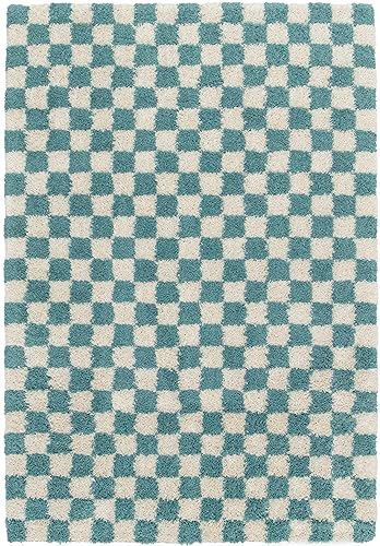 Rugs Essentials Shaggy Schachbrettmuster Teppich, Rechteckiger Teppich für das Wohnzimmer - Schlafzimmer, Weich und Bequem, Pflegeleicht, Florhöhe 30 mm, Polypropylen, 160x230, Türkis