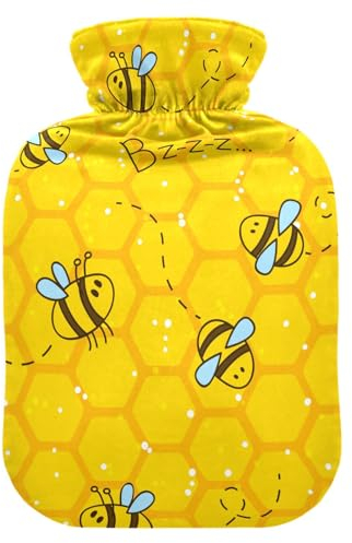 Bienen Waben Wärmflasche mit Bezug Wärmflaschen zur Schmerzlinderung Wasser Heizkissen Heizflaschen für heiße und kalte Kompresse, 1L