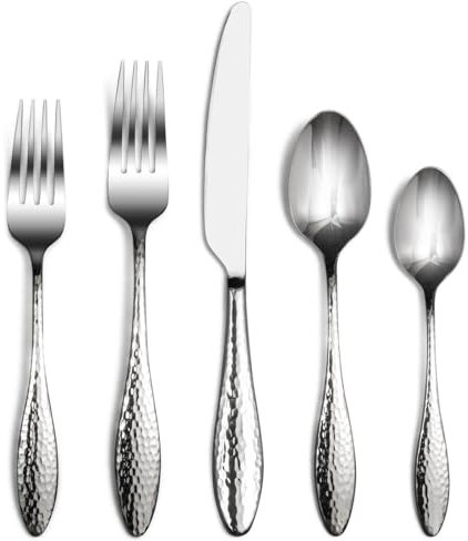 Alata - Emma 40 Piece 18/10 Cutlery Set, Hammered Cutlery Set, Heavy Duty Stainless Steel Cutlery Set, M