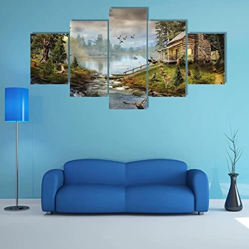 Home Decor Leinwanddruck Poster 5 Stückhaus Und Bach Im Wald (Ungerahmt 200 X 100 Cm) Wandkunst Yacht Moderne Kunstwerke Bilder Gemälde Für Wohnzimm