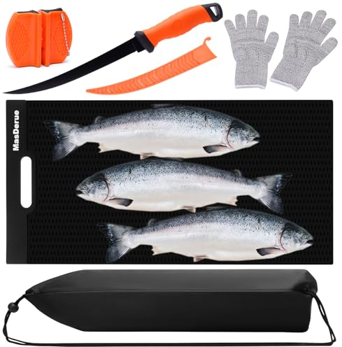 Masderue Fischfilet-Matte, 71,1 x 35,6 cm, 5-in-1 Fischreinigungs- und Schneidebrett mit Aufbewahrungstasche, 22,9 cm Filetmesser, Handschuhe, Messerschärfer für einfaches Filetieren, langlebig und