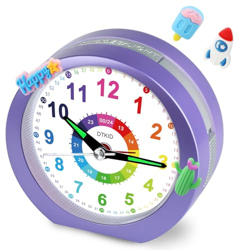 DTKID Wecker Kinder, Kinderwecker Ohne Ticken mit Snooze und Nachtlicht, Analoger Wecker für Jungen und Mädchen, Lernwecker Kinder, Batteriebetrieben