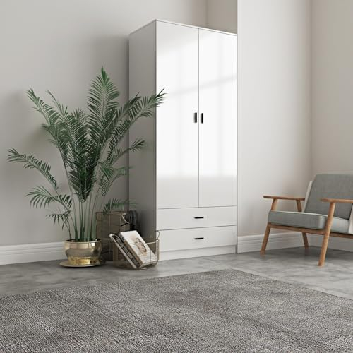 URBNLIVING Glossy Tall 2 Door Wardrobe Bedroom Storage with Hanging Rail Modern Furniture