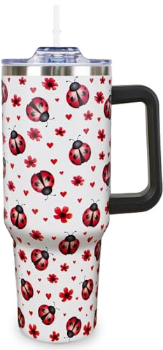 Mhrevyi Ladybug 40 Oz Tumbler with Handle and Straw Red Ladybug Cup Water Bottle Drinking Glasses, Ladybug Gifts for Women Girls Birthday Ladybug Lovers, Ladybug Gift Accessories Stuff