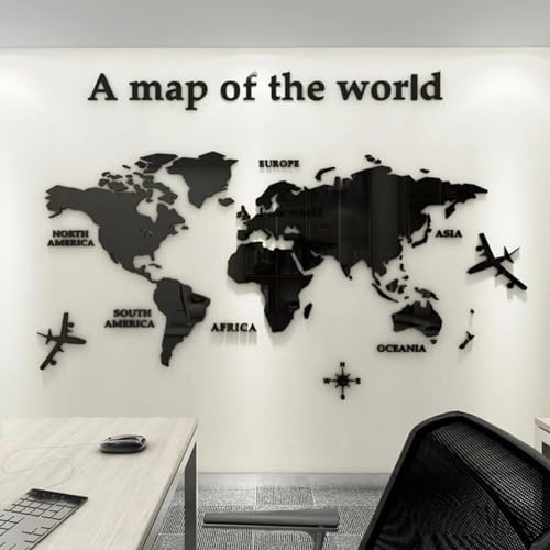 Shuanghao Adesivo Stickers Poster Murali Wall Decorazioni 3D Mirror Art Frasi Scritte Specchio Cartina Per Bambini,Soggiorno,TV Par,Ufficio Mappa del Mondo Adesivi Stickerdecal Murale Nero 80 * 40cm