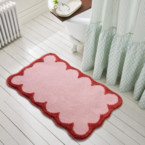 Urtlmaji Badematten mit gewelltem Rand, rutschfest, waschbar, niedlich, Mikrofaser, saugfähig, weich, ästhetisch, adrett, kleiner Badteppich für Schlafzimmer, Badewanne, Waschbecken, 66 x 45,7 cm,