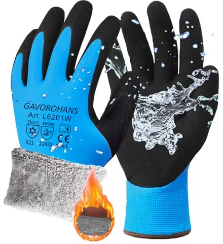 GAVOROHANS Wasserdichte Thermo-Winter-Arbeitshandschuhe, Polarfleece-Innenfutter, Hervorragende Griffigkeit, Doppelte Latex-Beschichtung (Blau-1Paar, L)