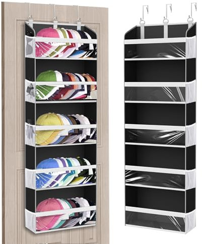 KYEVIS Over the Door Storage 5-Tier Cap Storage Organiser Holds 60+ Hats, Behind Door Organiser with 10 Multi-Functional Mesh Side Pockets, Baseball Hat Rack with Window, 1Pack Black