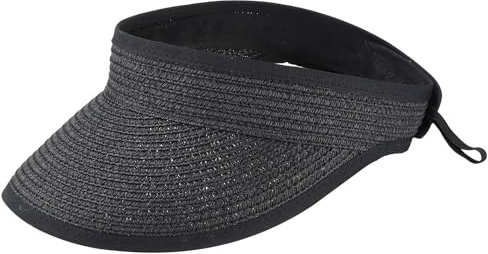 KorhLeoh Women Straw Sun Visor Cap Wide Brim Summer UV Protection Sun Beach Hat Foldable Packable Black