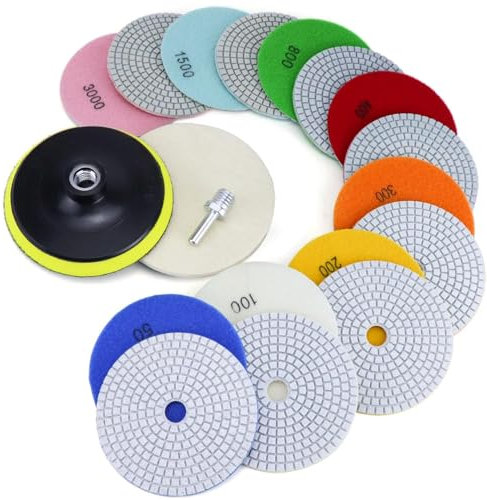 Diamond Polishing Pads 5 Inch with 5/8’’-11 Hook & Loop Backing Pads, 10pcs Wet/Dry Concrete Polish Tools Kit for Drill, Grinder, Polisher, 50-3000 Grit Polishing Set for Marble Granite Quartz Stone