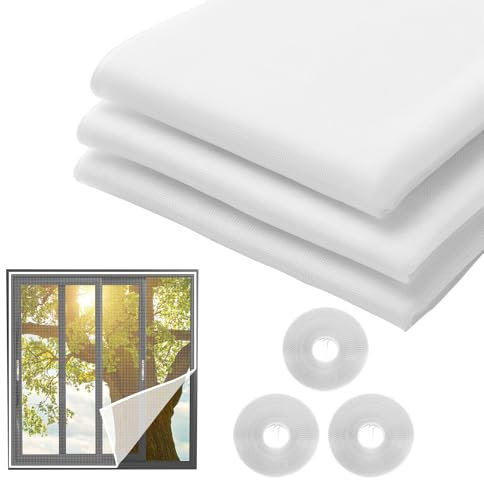 BONAVCY Window Mosquito Netting 3 Pack, 130X150CM Fly Screens for Windows Net with 3 Rolls Sticky Tape, White DIY Self-Adhesive Insect Mesh Curtain Keep Flys Bugs Mosquitoes Bee in, No Drilling