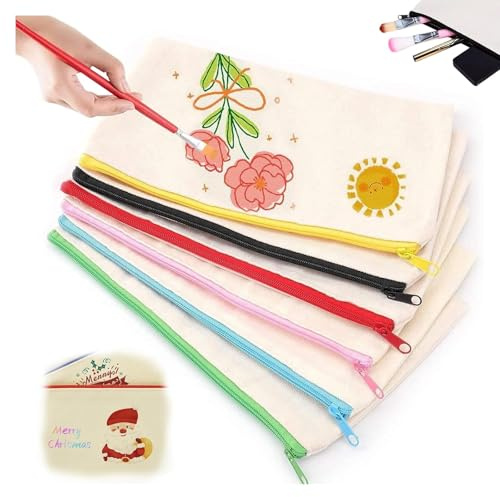 6 Stück Blanko Stoffbeutel zum Bemalen Kinder, Kindergeburtstag Basteln, Stoffbeutel mit Reißverschluss, Taschen zum Bemalen, Beutel zum Bemalen, Zipper Beutel, Baumwolltasche zum Bemalen 12cm*21cm