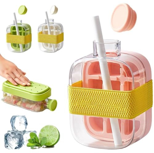 Ice Cube Bottle with Straw, 2 in 1 Water Bottle Ice Cube Tray with Lid and Bin, Portable Icecube Making Bottles, Touch-Free Icecube Tray, Ice Mold for Freezer,Coffee, Juice,and Beverages (Pink 500ML)