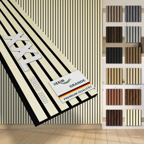 HEXIM Akustikpaneele 6 Stück 280x30cm Holz Grande - XXL Wandpaneele Platten Lamellen Holzpaneele Echtholzfurnier 21mm Filz Schalldämmung MDF Elfenbein (5,05m² Light Ash)