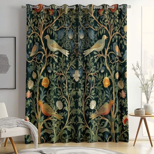 100% Blackout Curtains for Bedroom W 46 x L 90 (2 Panels) - William Morris Flowers Birds Thermal Full Blackout Eyelet Curtains & Drapes Heat and Light Blocking Panels for Living Room, Dark Green